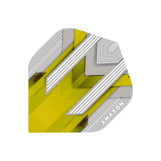 A34-Amazon-Flights-No2-Yellow Das Bild zeigt einen Dart-Flügel mit gelbem und silbernem Muster. In einer Ecke steht das Wort "AMAZON" geschrieben.