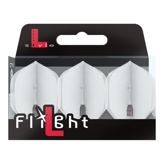 L-Style Champagne L1PRO Flights Die Verpackung enthält drei transparente Dart-Flights der Marke L-Style. Auf der Packung steht groß „Flight“ und oben links ist das L-Style-Logo zu sehen.