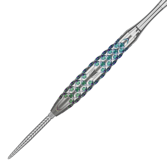 Das Bild zeigt einen Target Rove 02 Swiss Point Steeldart. Der Dartpfeil hat ein silbernes Gehäuse mit auffälligem, farbigem Muster und präziser Gravur.