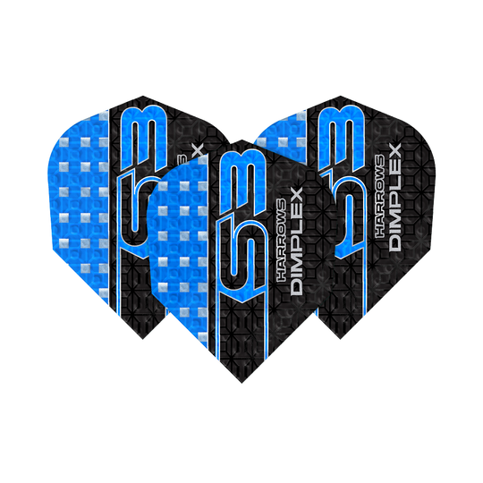 Volets Harrows Dimplex S3 - Bleu Das Bild zeigt drei blaue Harrows Dimplex S3 Flights für Darts. Die Flights haben ein auffälliges Design mit blauen und schwarzen Mustern sowie der Aufschrift "S3" und "Dimplex".