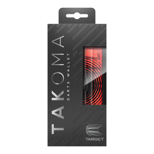 Étui à fléchettes Target Takoma Stephen Bunting Die Abbildung zeigt die Verpackung des Produktes „Target Takoma Stephen Bunting Dartcase“. Das Etui ist rot-schwarz gestaltet und befindet sich in einer eleganten, schwarzen Box mit Sichtfenster.