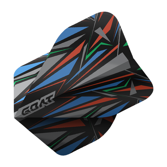 GOAT Athlete Black No2 Vols Standard Das Bild zeigt das Produkt "GOAT Athlete Black No2 Standard Flights". Das Flight hat ein auffälliges, geometrisches Muster in Schwarz, Blau, Rot, Grün und Grau.