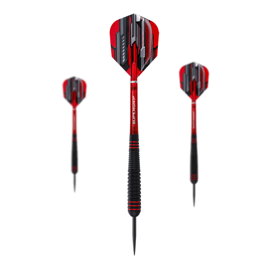 Harrows ACE Rubber Grip Steeldarts Das Bild zeigt drei Steeldarts des Modells "Harrows ACE Rubber Grip". Die Darts haben rote und schwarze Flights sowie einen schwarzen Griffbereich.