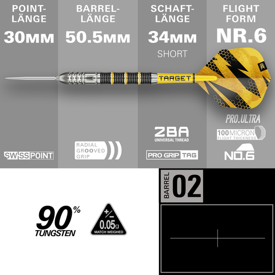 Fléchettes en acier Target Buzz 02 Swiss Points Hier sieht man die Target Buzz 02 Swiss Points Steeldarts. Die Darts sind deutlich und im Detail abgebildet.