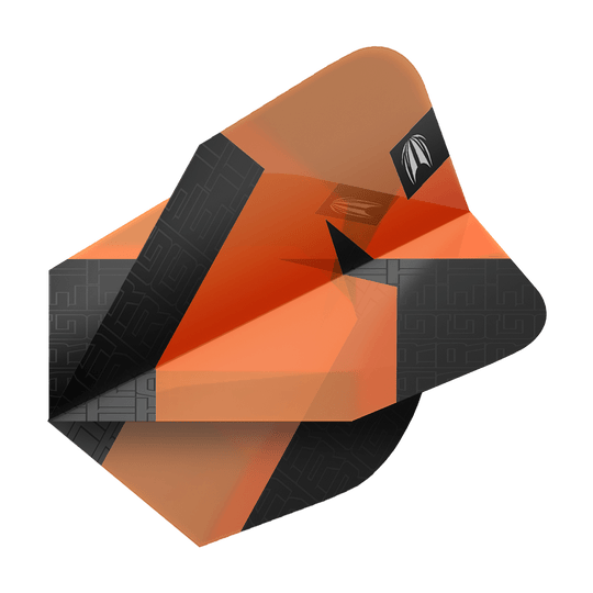 Ailettes standard Target Pro Ultra TAG Orange Ten-X - 3 jeux Das Bild zeigt ein orange-schwarzes Dart-Flight mit geometrischem Muster. Es handelt sich um das Produkt "Target Pro Ultra TAG Orange Ten-X Standard Flights - 3 Sets".