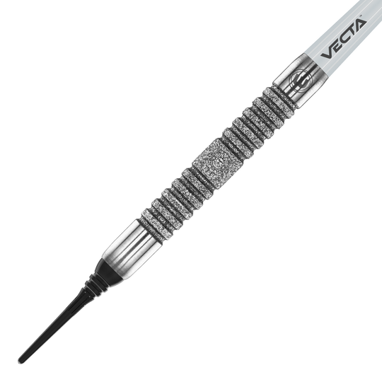 Fléchettes souples Winmau Jules Van Dongen - 20g Das Bild zeigt den Winmau Jules Van Dongen Softdart mit einem Gewicht von 20g. Der Dart hat ein silbernes, geriffeltes Griffstück und eine schwarze Spitze.
