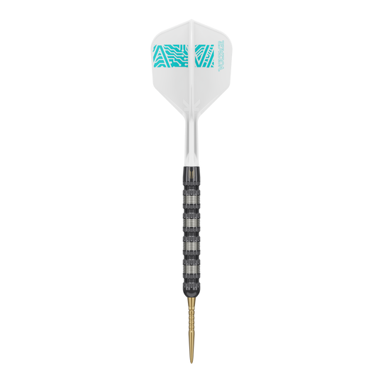 Fléchettes en acier Target Rob Cross 95K Swiss Point Das Bild zeigt einen Target Rob Cross 95K Swiss Point Steeldart. Der Dart hat eine weiße Flügel mit blauen Mustern und einen schwarzen, strukturierten Schaft mit einer goldenen Spitze.