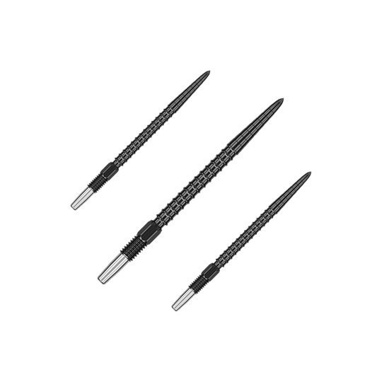 Pointes de fléchettes Target Swiss Point Chrono - Noires Das Bild zeigt drei schwarze Dartspitzen mit einem strukturierten Muster. Sie sind spitz zulaufend und haben ein silbernes Endstück.