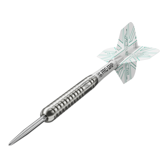 Fléchettes en acier Target Rob Cross Voltage Swiss Point à pointes suisses Das Bild zeigt einen Target Rob Cross Voltage Swiss Point Steeldart. Der Dartpfeil ist silbern und hat weiße Flights mit grünen Akzenten.