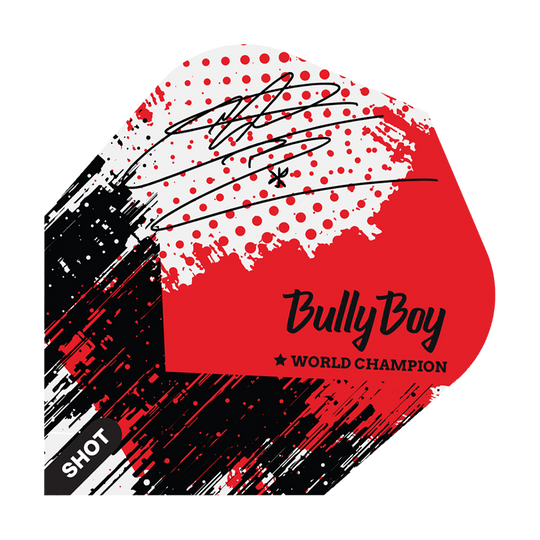 Shot Michael Smith Bully Boy Jour de match n°6 Vols Das Bild zeigt ein Dart-Flight mit einem modernen, rot-schwarzen Design und einem Autogramm. Auf dem Flight steht "Bully Boy" und "World Champion" sowie das Markenlogo "Shot".