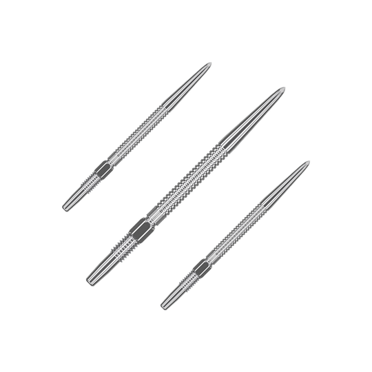 Pointes de fléchettes Target Swiss Point GRD Silver Das Bild zeigt drei silberne Dartspitzen des Produkts "Target Swiss Point GRD Silver Dartspitzen". Sie sind schlank, aus Metall gefertigt und haben eine strukturierte Oberfläche für besseren Halt.