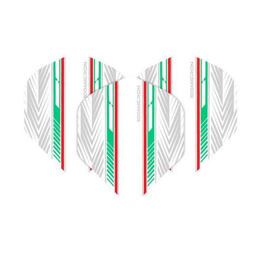 Vols de Pentathlon blanc/vert/rouge Das Bild zeigt die "Pentathlon White Green Red No2 Standard Flights" für Dartpfeile. Die Flights sind weiß mit auffälligen grünen, roten und silbernen Streifen gestaltet.