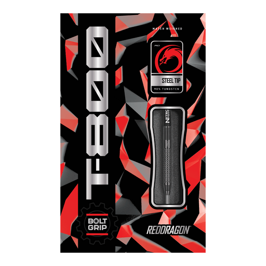 Fléchettes en acier Red Dragon T-800 Die Abbildung zeigt die Verpackung der Red Dragon T-800 Steeldarts. Das Design ist schwarz mit roten und silbernen Akzenten, und der Dartpfeil ist in der Mitte sichtbar.