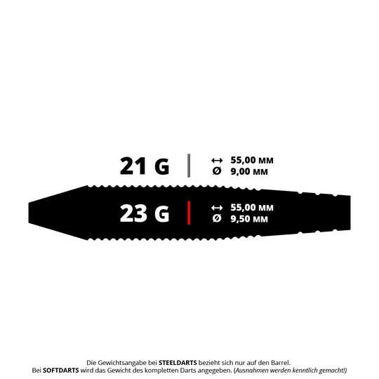 Das Bild zeigt die technischen Daten von zwei Steeldarts mit 21 g und 23 g Gewicht. Beide Darts haben eine Länge von 55,00 mm, der Durchmesser beträgt 9,00 mm bzw. 9,50 mm.