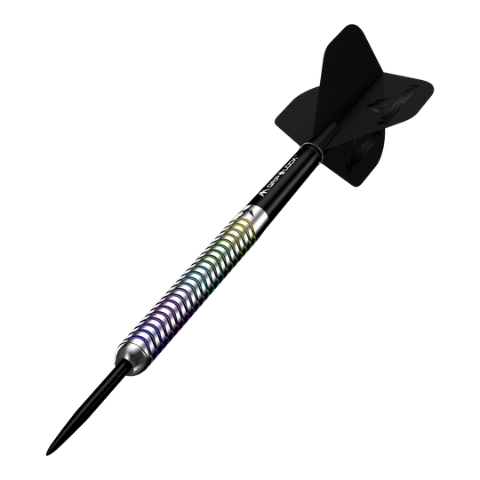 Mission Mirage Steeldarts sind Profi-Darts für anspruchsvolle Spieler. Die Abbildung präsentiert das Set aus mehreren Perspektiven.