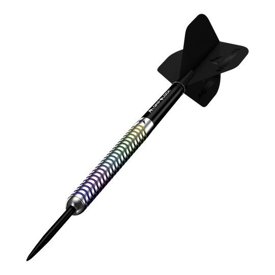 Fléchettes en acier Mission Mirage Mission Mirage Steeldarts sind Profi-Darts für anspruchsvolle Spieler. Die Abbildung präsentiert das Set aus mehreren Perspektiven.