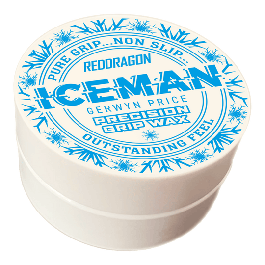 Cire pour les doigts Red Dragon Gerwyn Price Iceman Precision Grip Wax Das Bild zeigt eine weiße Dose mit der Aufschrift „Red Dragon Gerwyn Price Iceman Precision Grip Wax“. Auf dem Deckel sind blaue Schneeflocken und Werbeslogans wie „Pure Grip… Non Slip… Outstanding Feel“ abgebildet.