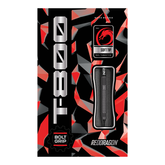 Fléchettes souples Red Dragon T-800 - 20 g Hier ist das Produkt "Red Dragon T-800 Softdarts - 20g" abgebildet. Die Verpackung ist in Rot, Schwarz und Silber gestaltet und zeigt einen Softdart mit 90% Tungsten.