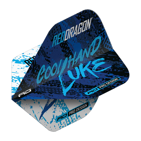 Dragon Rouge Luke Humphries Champion du Monde Bleu Blanc Yin Yang Vols Standards Das Bild zeigt ein Dart-Flight im Design "Red Dragon Luke Humphries World Champion Blue White Yin Yang Standard Flights". Auf dem Flight stehen die Worte "Cool Hand Luke" in blauer Schrift auf einem blau-weißen Hintergrund.