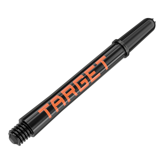 Tiges Target Pro Grip TAG - 3 jeux - Noir Orange Das Bild zeigt einen schwarzen Dart-Schaft mit orangener Aufschrift "TARGET". Der Schaft hat eine Länge von 48 mm und ist für den Dartsport geeignet.