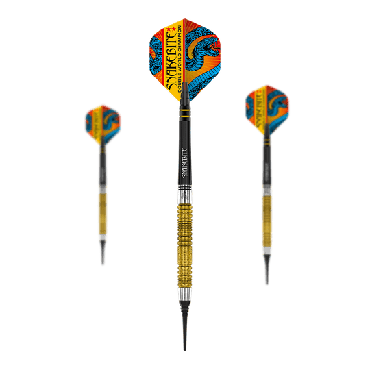 Das Bild zeigt drei Softdarts mit goldfarbenem Griff und auffälligen Flights im Drachen-Design. Auf den Flights steht „Snakebite Double World Champion“.