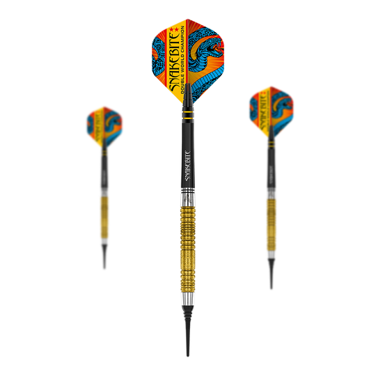 Fléchettes souples Red Dragon Peter Wright Double Champion du Monde SE Gold Plus - 20 g Das Bild zeigt drei Softdarts mit goldfarbenem Griff und auffälligen Flights im Drachen-Design. Auf den Flights steht „Snakebite Double World Champion“.