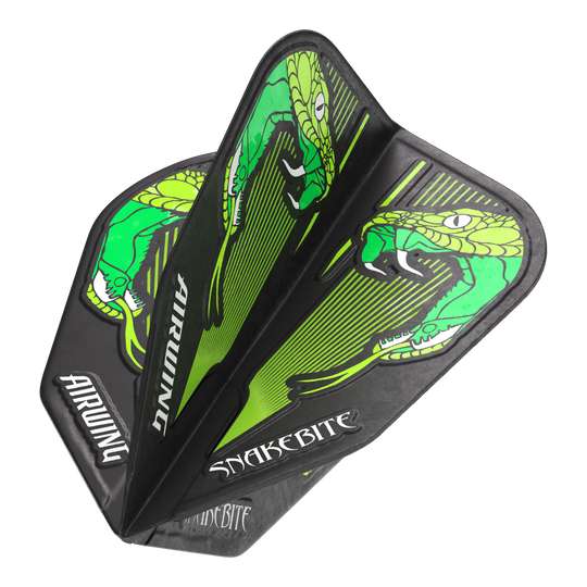 Vols Red Dragon Airwing Peter Wright Green V-Standard Das Bild zeigt die "Red Dragon Airwing Peter Wright Green V-Standard Flights" mit einem grünen Schlangenmuster. Auf den Flights stehen die Wörter "Airwing" und "Snakebite".