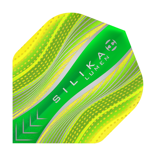 Das Bild zeigt das Produkt "Harrows Silika Lumen Yellow No2 Standard Flights". Es ist ein Dartflight mit leuchtend gelben und grünen Farben sowie silbernen Akzenten.