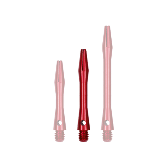 507_Aluminium_Shafts_Rot_35mm_1pOfGtsFVm4RpY Das Bild zeigt drei rote Aluminiumschäfte in unterschiedlichen Längen. Sie haben ein Gewinde an einem Ende und eine schmale Spitze am anderen Ende.