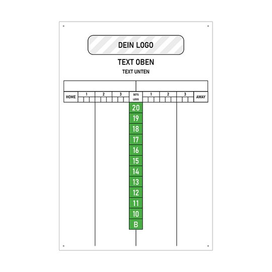 INSCORE4_Scoreboard_mit_Wunschdruck_40x60cm_Gr-n_3 Das Bild zeigt eine weiße Anzeigetafel mit grünem Hintergrund und nummerierten Feldern in der Mitte. Oben ist Platz für ein Logo und individuellen Text, darunter befinden sich Felder für Heim- und Auswärtspunkte.