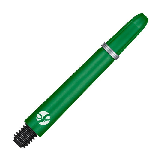 Tiges en carbone Shot Koi - Vertes Dies ist ein grüner Dart-Schaft mit einem Metallring und einem schwarzen Gewinde. Er hat ein weißes Logo am unteren Ende.