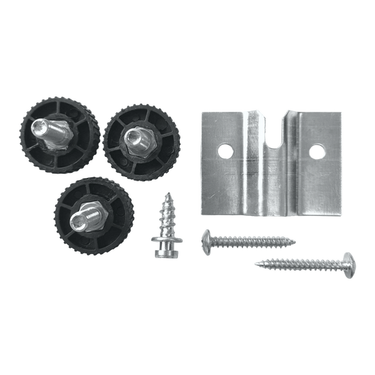 Support mural Winmau Rota-Lock Blade 6 Das Bild zeigt das Winmau Rota-Lock Blade 6 Wandhalterungs-Set mit drei schwarzen Einstellrädern, einer Metallhalterung und Schrauben. Diese Teile werden verwendet, um ein Dartboard sicher an der Wand zu befestigen.