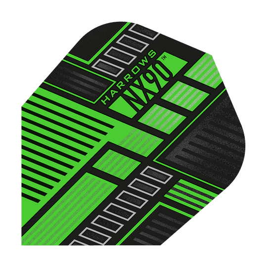 HR49_Harrows_Prime_NX90_Green_No6_Flights_1ro0TifX8aStsG Das Bild zeigt ein Harrows Prime NX90 Green Flight für Darts. Das Flight ist hauptsächlich schwarz und grün mit einem modernen, geometrischen Muster.