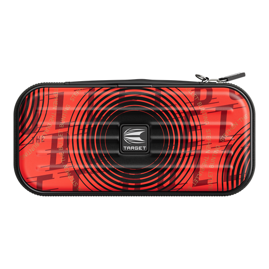 Étui à fléchettes Target Takoma Stephen Bunting Das Bild zeigt das Target Takoma Stephen Bunting Dartcase in einem auffälligen roten Design mit schwarzen Kreisen. In der Mitte befindet sich das Target-Logo und das Etui hat einen Reißverschluss.