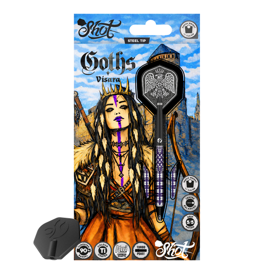 Fléchettes en acier Shot Goths Visara Turbo Point - 23 g Abgebildet sind die Shot Goths Visara Turbo Point Steeldarts mit einem Gewicht von 23 Gramm. Diese hochwertigen Darts bieten ein elegantes Design und eine ausgezeichnete Flugeigenschaft.