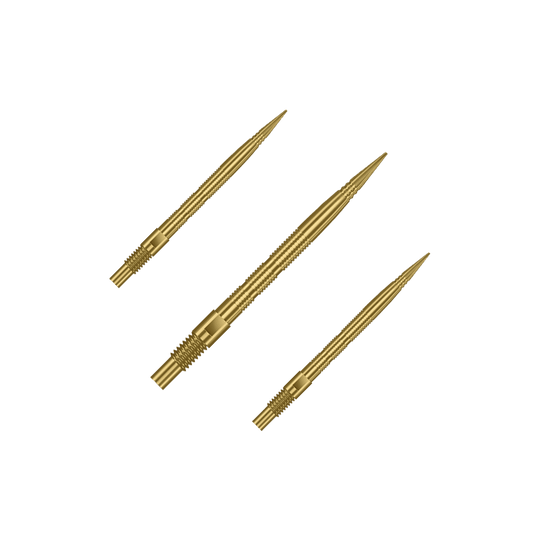 Pointes de fléchettes Harrows Quick Point Micro Ridge - Or Das Bild zeigt mehrere goldene Dartspitzen. Die Spitzen sind wahrscheinlich vom Typ Harrows Quick Point MicroRidge, 26mm lang.