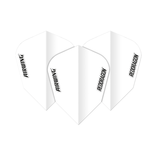 Das Bild zeigt drei weiße Dartflights mit der Aufschrift „Airwing“ und „Red Dragon“. Es handelt sich um das Produkt „Red Dragon Airwing White V-Standard Flights“.