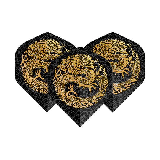 Vols de Pentathlon Dragon noir Das Bild zeigt drei Dart-Flights mit einem auffälligen goldenen Drachen-Design auf schwarzem Hintergrund. Die Flights sind vom Typ "Pentathlon Dragon 2 Standard".