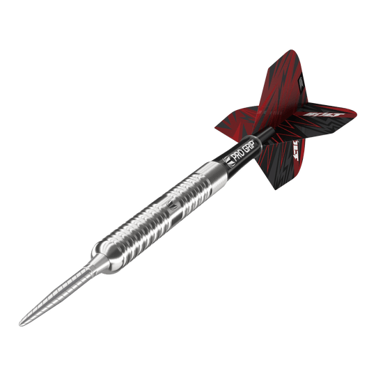 Fléchettes en acier Target Sebastian Bialecki GEN1 Swiss Point - 22 g Das Bild zeigt den Target Sebastian Bialecki GEN1 Swiss Point Steeldart mit 22 Gramm Gewicht. Der Dartpfeil hat ein silbernes Metallgehäuse, einen schwarzen Schaft und ein rot-schwarzes Flight-Design.