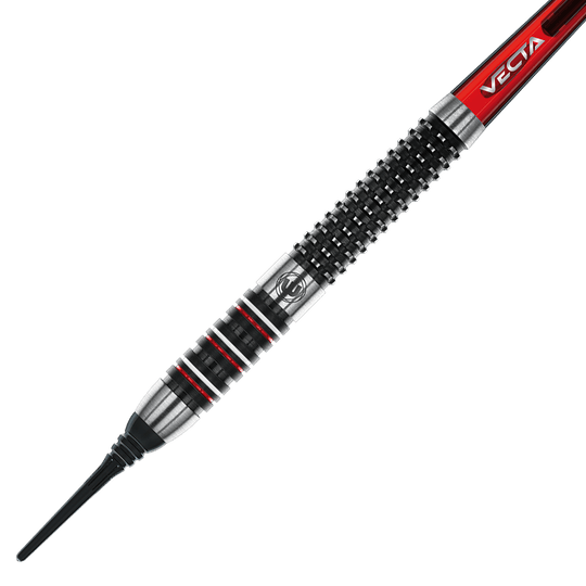 2466_Winmau_Florian_Hempel_Softdarts_2 Das Bild zeigt einen Winmau Florian Hempel Softdart mit einem Gewicht von 21g. Der Dartpfeil hat ein modernes Design mit schwarzen, silbernen und roten Akzenten.
