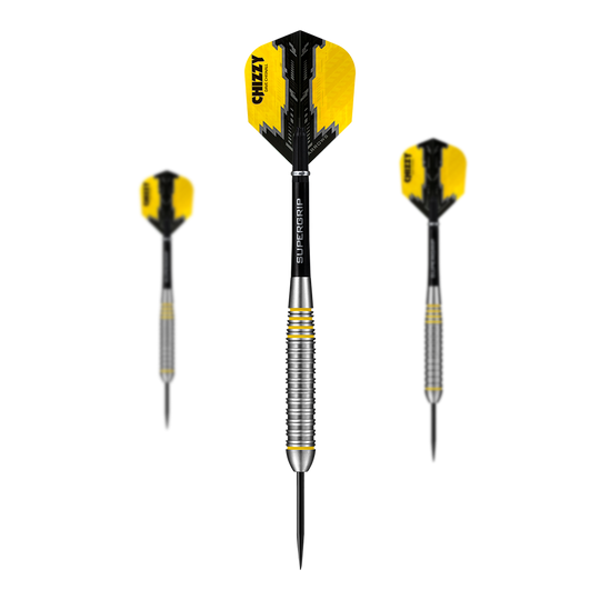 Fléchettes en acier et laiton Chizzy de Dave Chisnall, Harrow Das Bild zeigt drei Steeldarts der Marke "Harrows Dave Chisnall Chizzy Brass". Die Pfeile haben gelb-schwarze Flights und silberne Griffe mit gelben Akzenten.