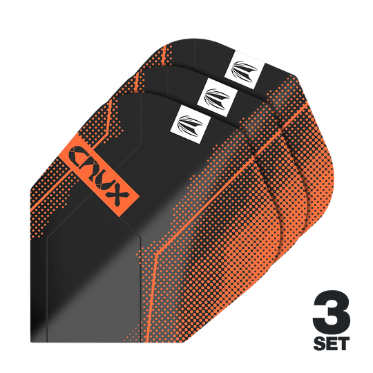 Ailettes Target Pro Ultra Crux n° 6 - 3 jeux - 3 jeux Das Bild zeigt drei Sätze Target Pro Ultra Crux No6 Flights. Die Flights sind schwarz mit orangefarbenen Akzenten und dem Schriftzug "CRUX".