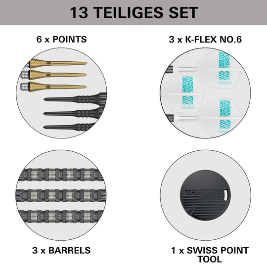 Fléchettes souples Target Rob Cross 95K Swiss Point - 18 g Dieses Bild zeigt den Lieferumfang des "Target Rob Cross 95K Swiss Point Softdarts - 18g" Sets. Enthalten sind 6 Spitzen, 3 Flights, 3 Barrels und 1 Swiss Point Tool.