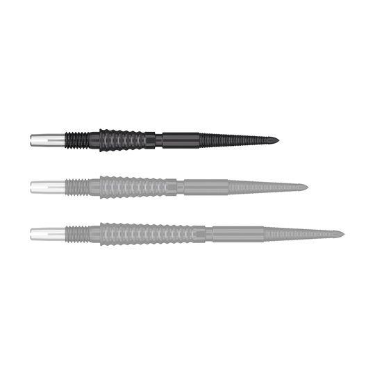 Pointes de fléchettes Target Swiss Storm LNC - Noires Das Bild zeigt drei schwarze Dartspitzen, die nebeneinander liegen. Jede Spitze hat einen silbernen Schaft und eine geriffelte Griffzone.