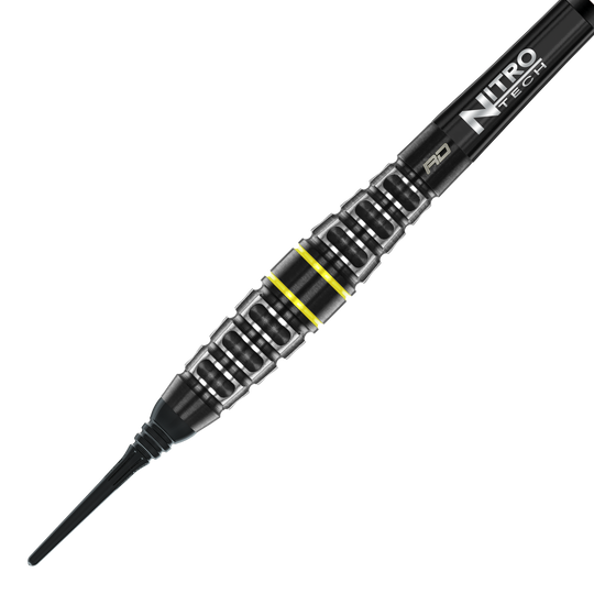 Fléchettes souples Red Dragon Astraeus Q4X Torpedo - 20 g Auf dem Bild ist der Red Dragon Astraeus Q4X Torpedo Softdart mit 20g Gewicht zu sehen. Der Dart hat ein schwarzes Design mit silbernen und gelben Akzenten sowie der Aufschrift "Nitro Tech".