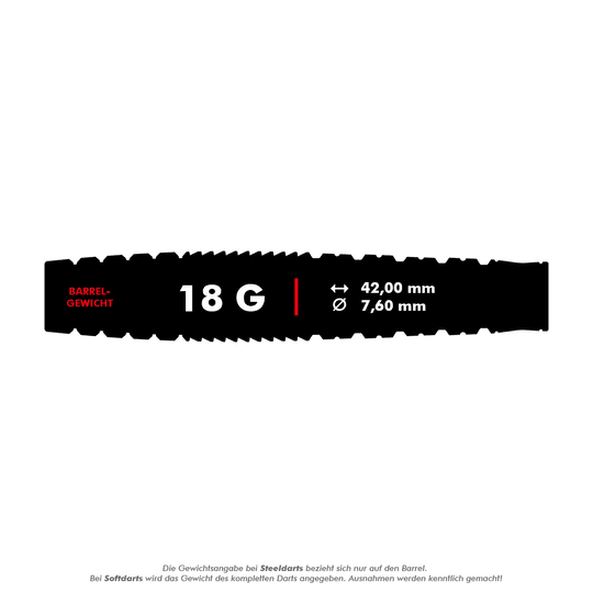 Fléchettes souples Target Japan Black Marque Phantom - 18 g Das Bild zeigt die Produktspezifikationen der Target Japan Black Marque Phantom Softdarts mit einem Gewicht von 18 Gramm. Der Barrel ist 42,00 mm lang und hat einen Durchmesser von 7,60 mm.