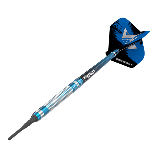 Fléchettes souples Bulls Jermaine Wattimena Génération 3 - 20 g Das Bild zeigt einen Bulls Jermaine Wattimena Generation 3 Softdart mit einem Gewicht von 20g. Der Dart hat ein silbernes und blaues Design mit schwarzem Flight.