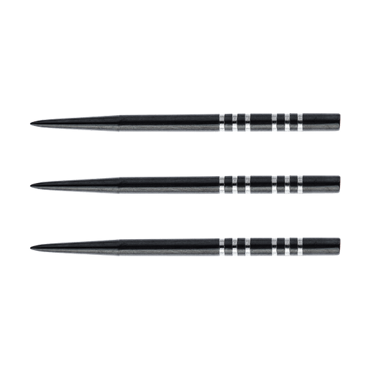 8376_Winmau_Re-Grooved_Steeldart_Spitzen_41mm_1 Das Bild zeigt drei Winmau Re-Grooved Steeldart Spitzen. Die Spitzen sind schwarz mit silbernen Rillen am hinteren Ende.
