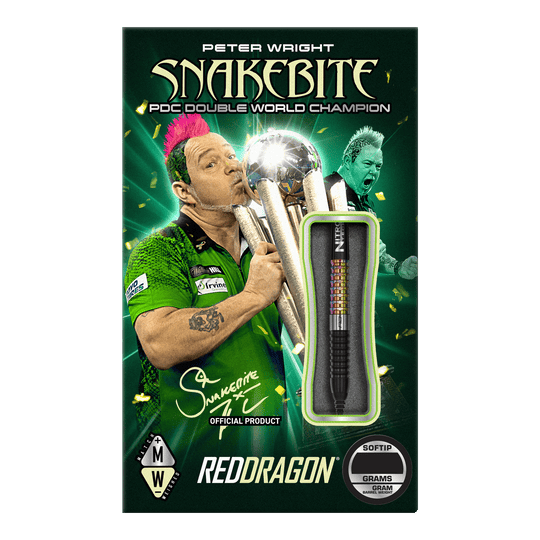 Fléchettes souples Red Dragon Peter Wright Corra - 18 g Auf der Verpackung ist der Dartspieler Peter Wright mit einer Trophäe abgebildet. Das Produkt sind die "Red Dragon Peter Wright Corra Softdarts - 18g" mit Softspitze.