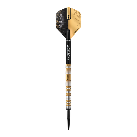 Fléchettes souples Dave Chisnall Chizzy Series 2 de Harrow Das Bild zeigt einen Harrows Dave Chisnall Chizzy Series 2 Softdart. Der Dart hat ein modernes schwarzes und goldenes Design mit silbernen und goldenen Ringen am Barrel.